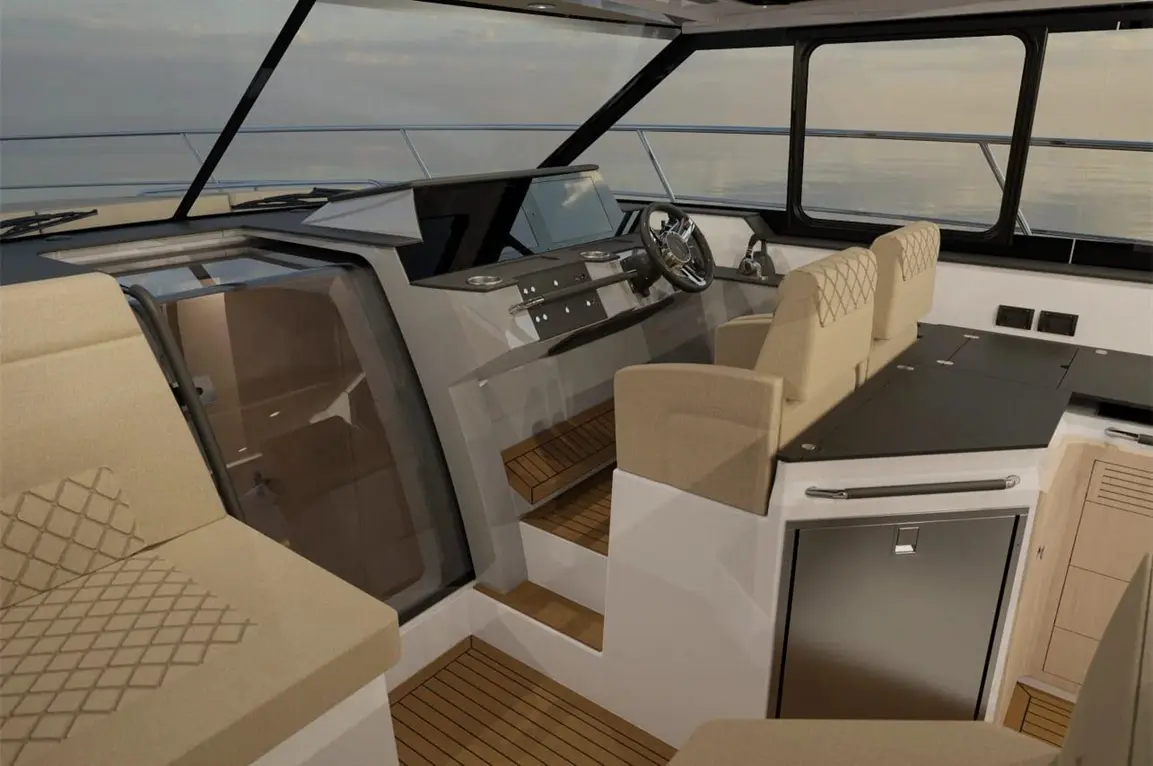 Modern boat interior featuring a steering wheel, seats, and a wooden floor, with large windows showcasing a calm water view.